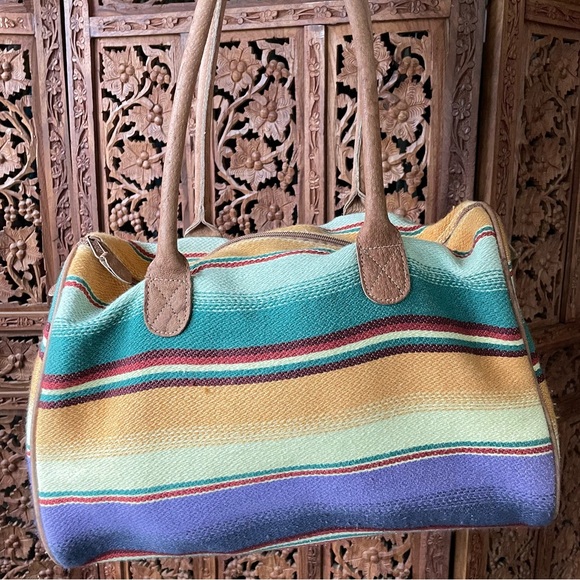 VINTAGE Baja blanket style woven cotton and leather Tote Bag - Picture 2 of 8